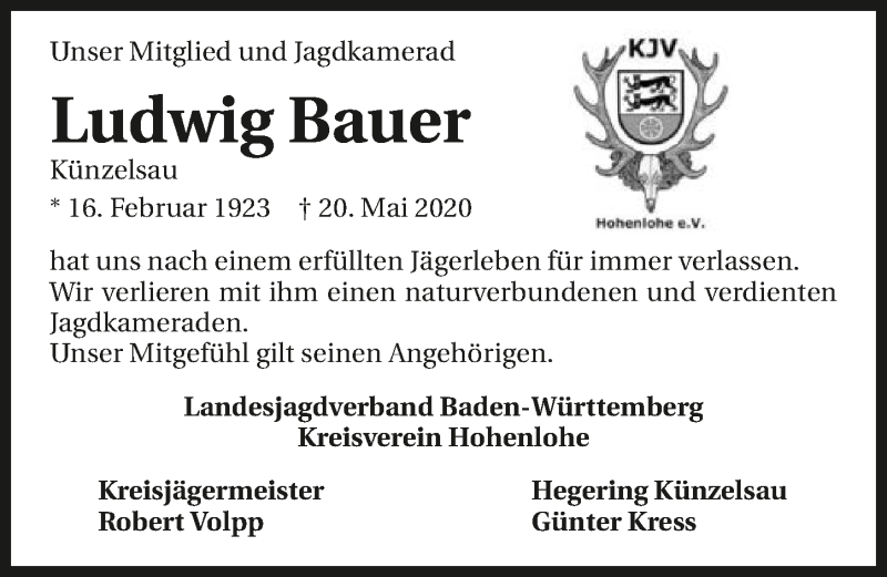  Traueranzeige für Ludwig Bauer vom 26.05.2020 aus 