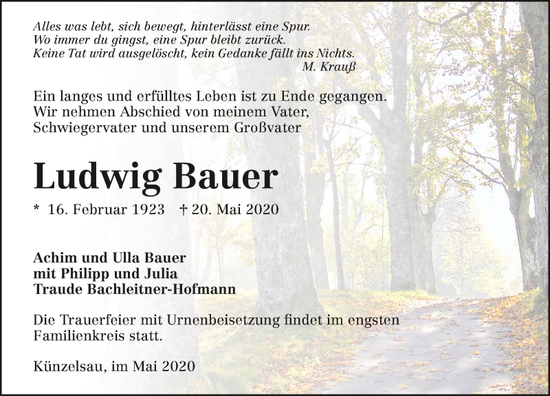  Traueranzeige für Ludwig Bauer vom 23.05.2020 aus 