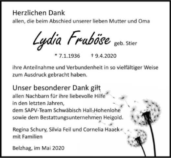 Traueranzeige von Lydia Fruböse 