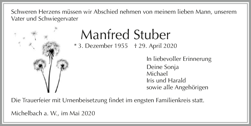  Traueranzeige für Manfred Stuber vom 09.05.2020 aus 