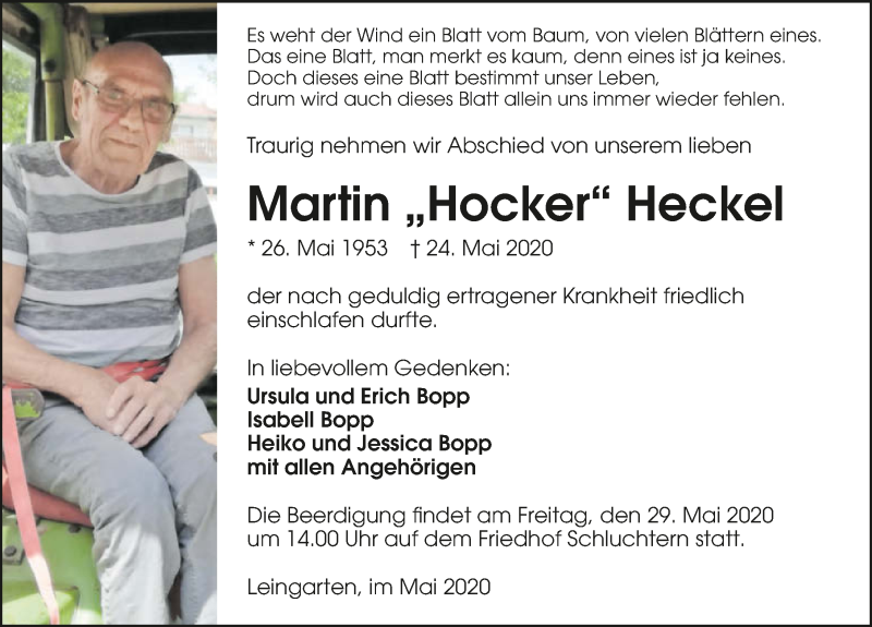  Traueranzeige für Martin Heckel vom 27.05.2020 aus 