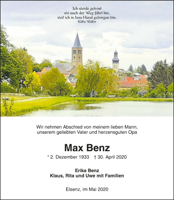 Traueranzeige von Max Benz 