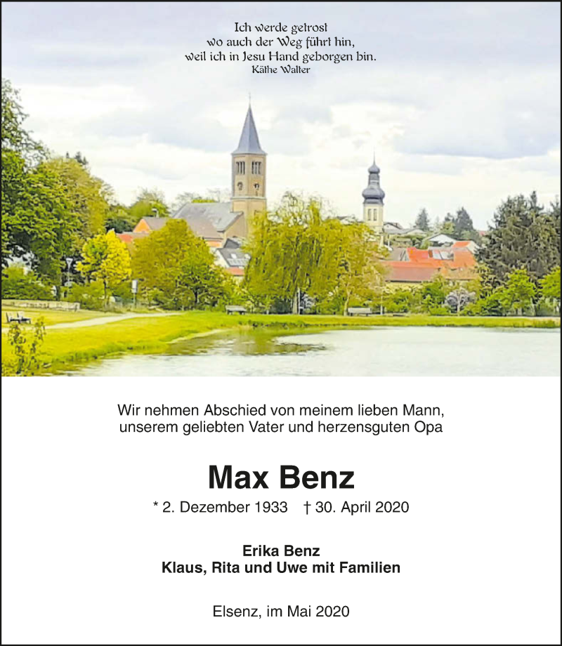  Traueranzeige für Max Benz vom 05.05.2020 aus 