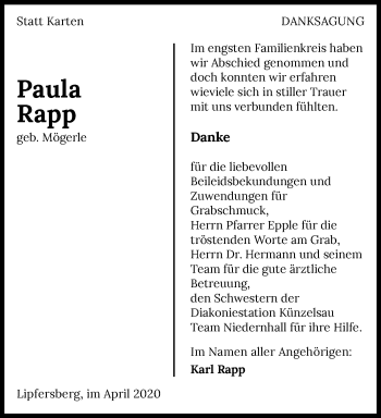Traueranzeige von Paula Rapp 
