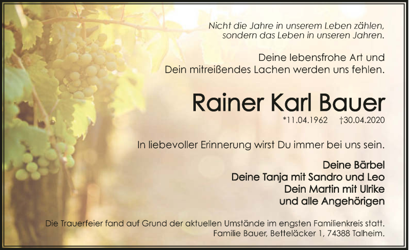  Traueranzeige für Rainer Karl Bauer vom 09.05.2020 aus 
