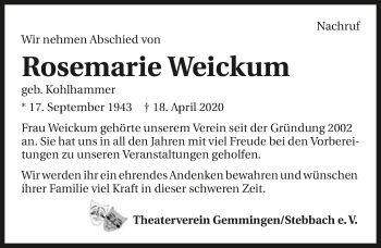 Traueranzeige von Rosemarie Weickum 