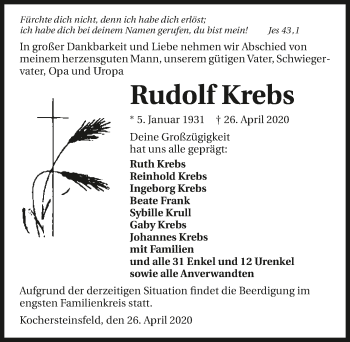 Traueranzeige von Rudolf Krebs 