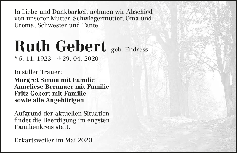  Traueranzeige für Ruth Gebert vom 07.05.2020 aus 