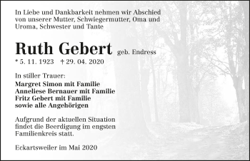Traueranzeige von Ruth Gebert 