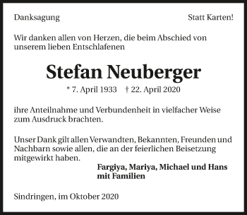Traueranzeige von Stefan Neuberger 