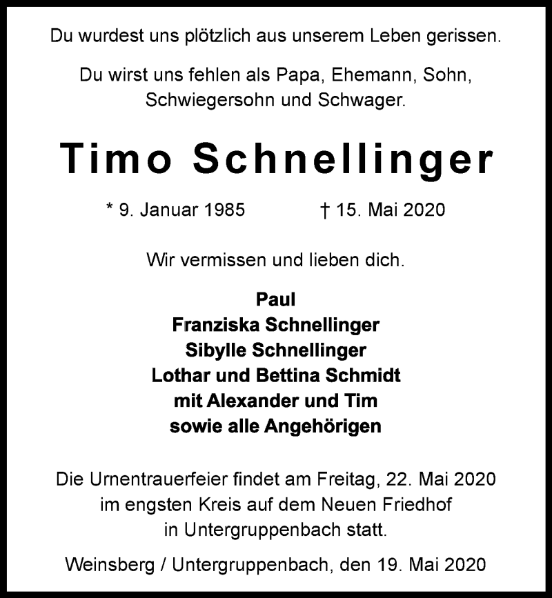  Traueranzeige für Timo Schnellinger vom 19.05.2020 aus 