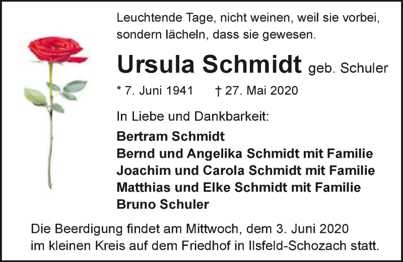  Traueranzeige für Ursula Schmidt vom 30.05.2020 aus 