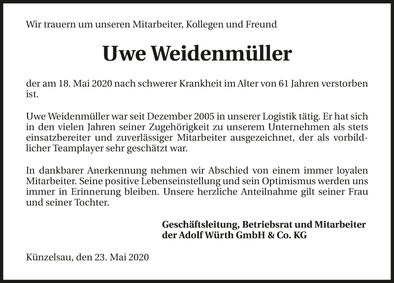  Traueranzeige für Uwe Weidenmüller vom 23.05.2020 aus 