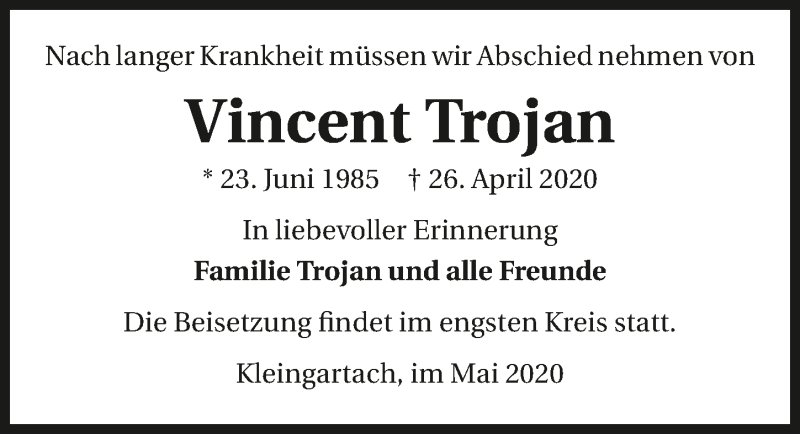  Traueranzeige für Vincent Trojan vom 09.05.2020 aus 