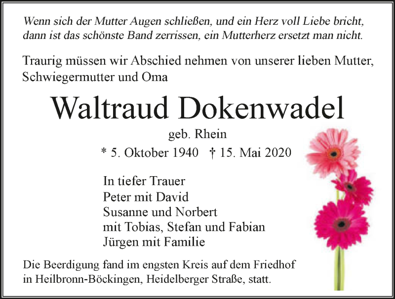  Traueranzeige für Waltraud Dokenwadel vom 30.05.2020 aus 