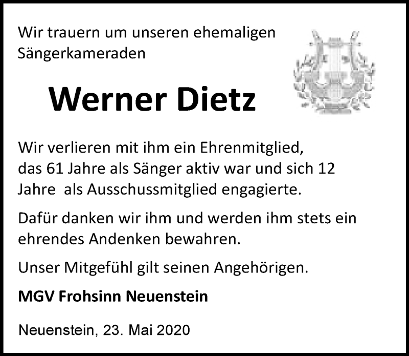  Traueranzeige für Werner Dietz vom 23.05.2020 aus 