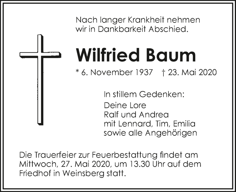  Traueranzeige für Wilfried Baum vom 26.05.2020 aus 