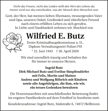 Traueranzeige von Wilfried E. Butz 