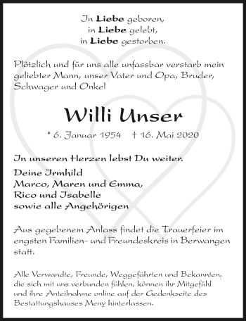 Traueranzeige von Willi Unser 