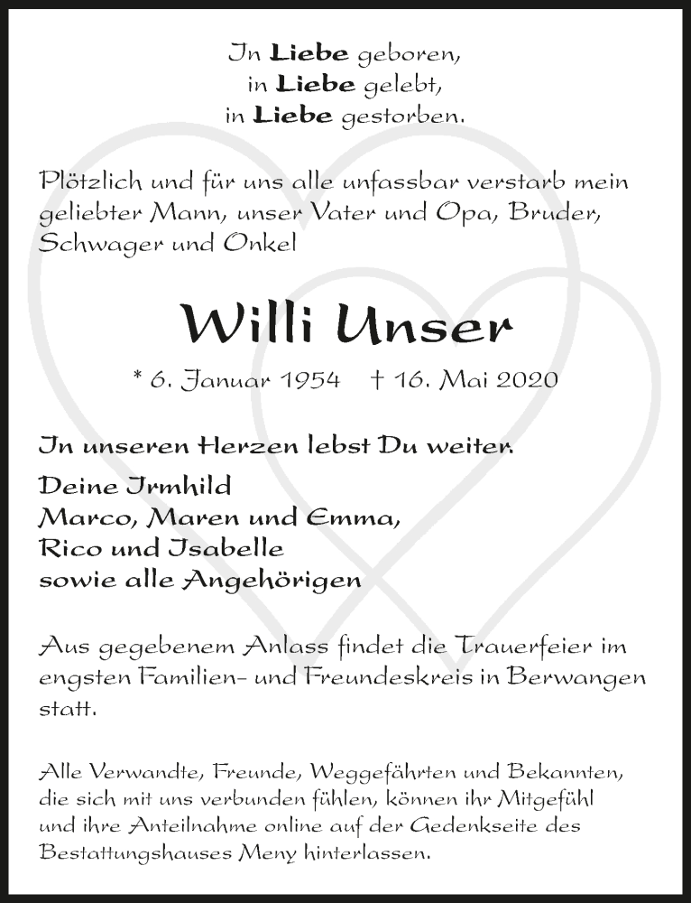  Traueranzeige für Willi Unser vom 20.05.2020 aus 