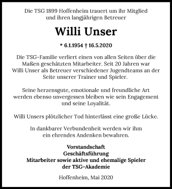 Traueranzeige von Willi Unser 