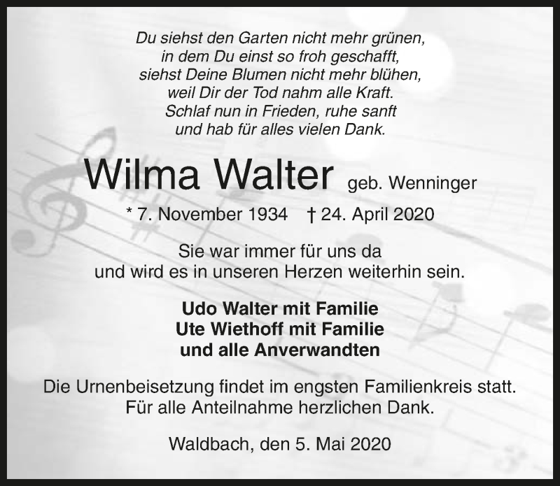  Traueranzeige für Wilma Walter vom 05.05.2020 aus 