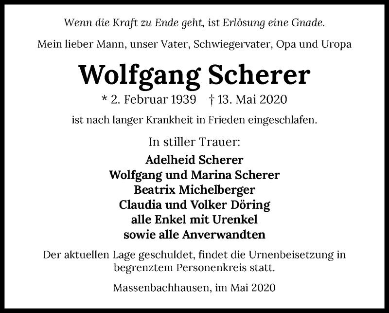  Traueranzeige für Wolfgang Scherer vom 19.05.2020 aus 