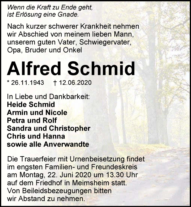  Traueranzeige für Alfred Schmid vom 19.06.2020 aus 