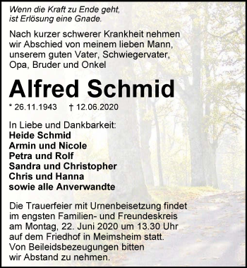 Traueranzeige von Alfred Schmid 