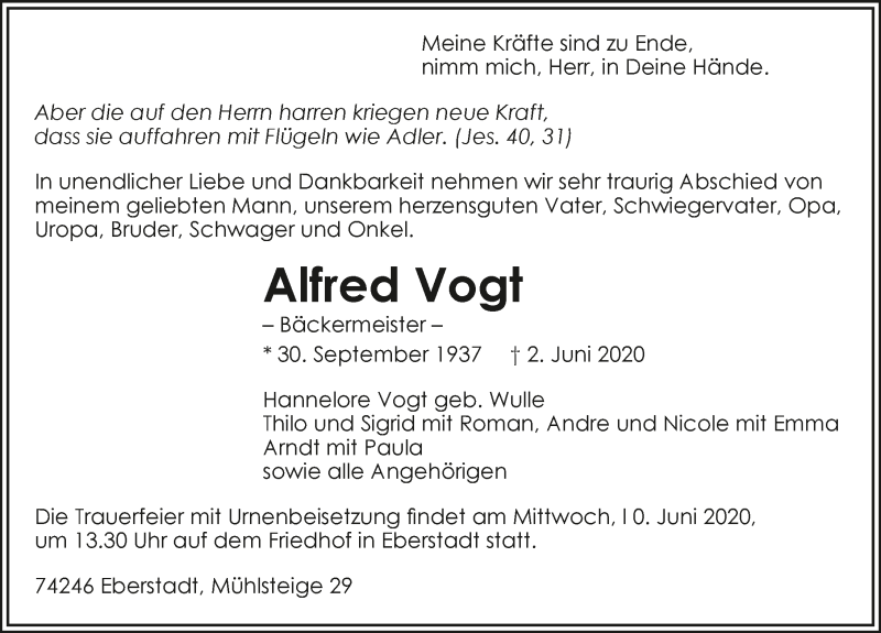  Traueranzeige für Alfred Vogt vom 06.06.2020 aus 