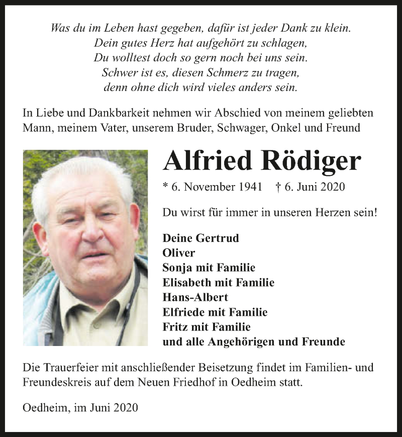  Traueranzeige für Alfried Rödiger vom 15.06.2020 aus 