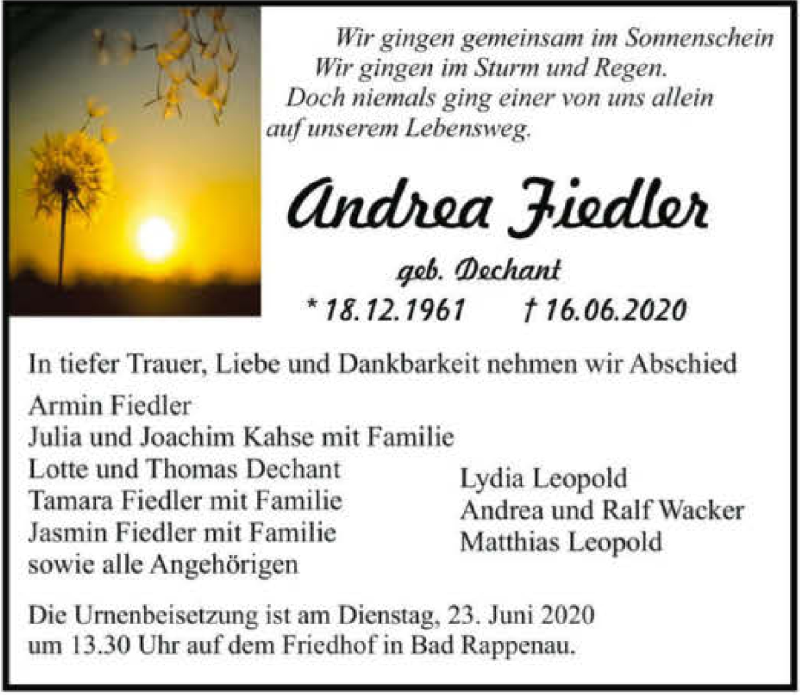  Traueranzeige für Andrea Fiedler vom 20.06.2020 aus 