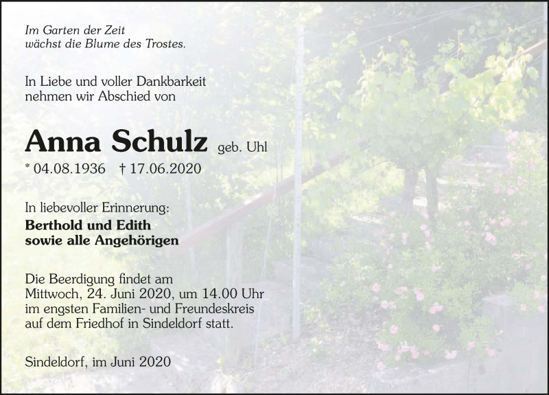  Traueranzeige für Anna Schulz vom 23.06.2020 aus 