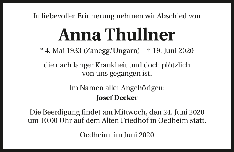  Traueranzeige für Anna Thullner vom 22.06.2020 aus 