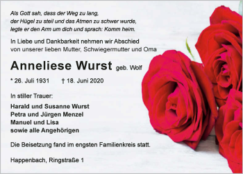 Traueranzeige von Anneliese Wurst 