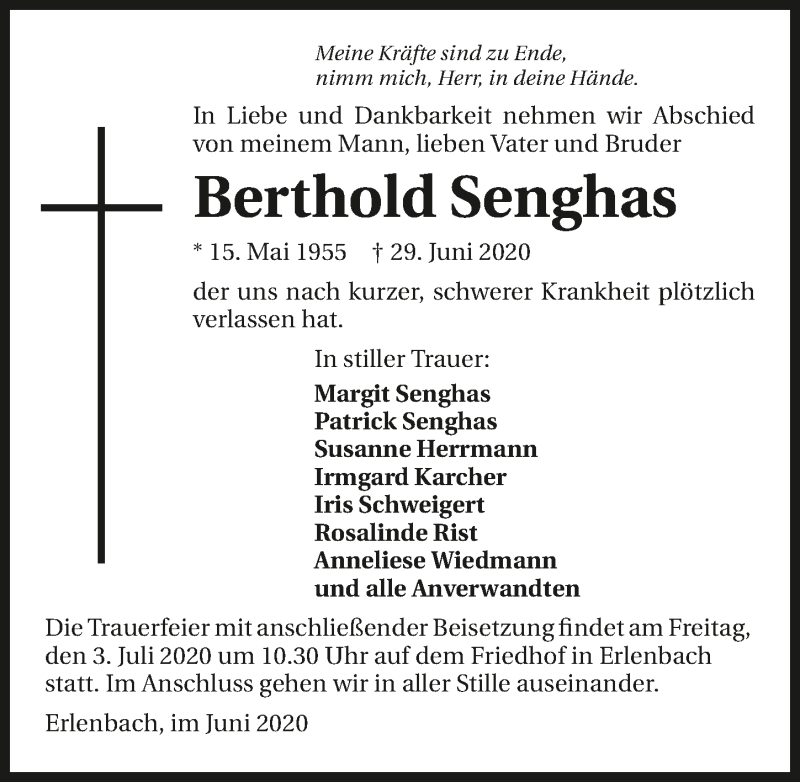  Traueranzeige für Berthold Senghas vom 01.07.2020 aus 