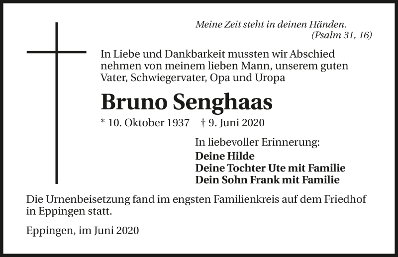  Traueranzeige für Bruno Senghaas vom 26.06.2020 aus 