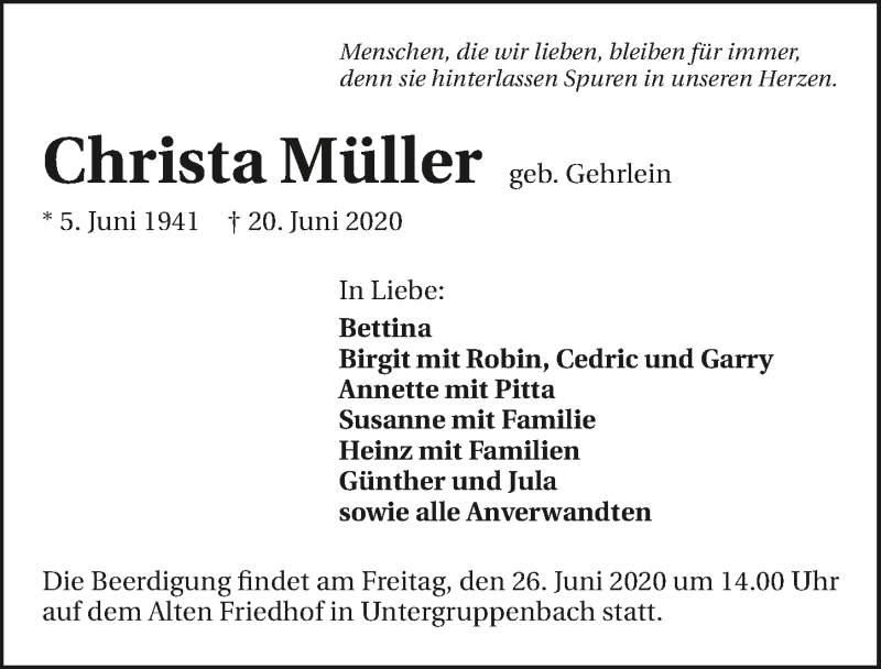  Traueranzeige für Christa Müller vom 24.06.2020 aus 