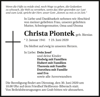 Traueranzeige von Christa Piontek 