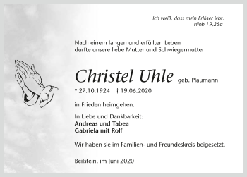 Traueranzeige von Christel Uhle 