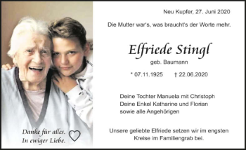 Traueranzeige von Elfriede Stingl 