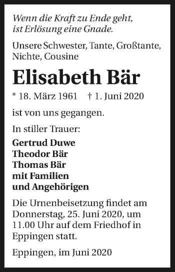 Traueranzeige von Elisabeth Bär 