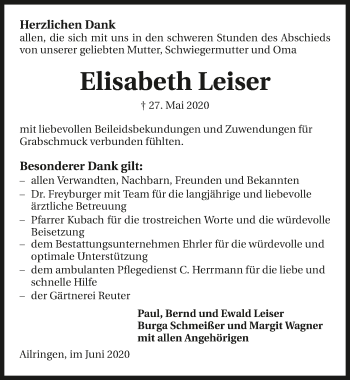 Traueranzeige von Elisabeth Leiser 