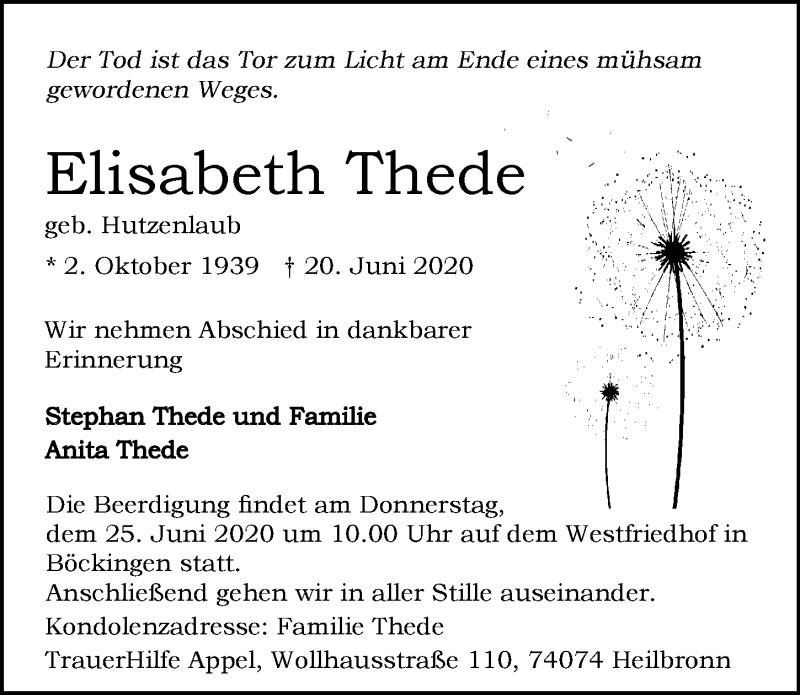  Traueranzeige für Elisabeth Thede vom 23.06.2020 aus 