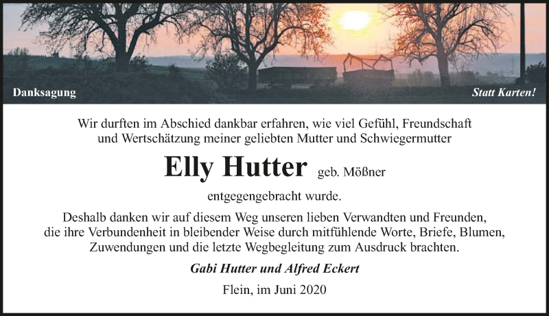  Traueranzeige für Elly Hutter vom 27.06.2020 aus 