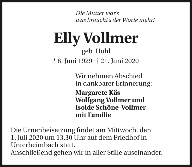  Traueranzeige für Elly Vollmer vom 29.06.2020 aus 