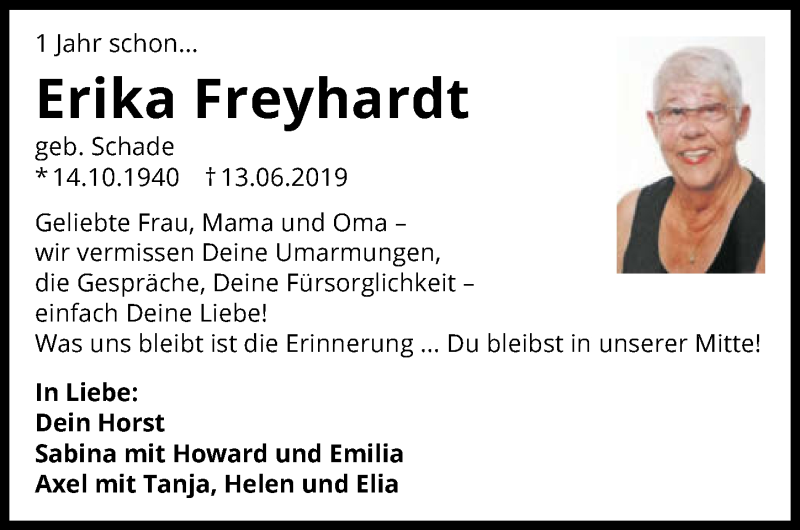  Traueranzeige für Erika Freyhardt vom 13.06.2020 aus 