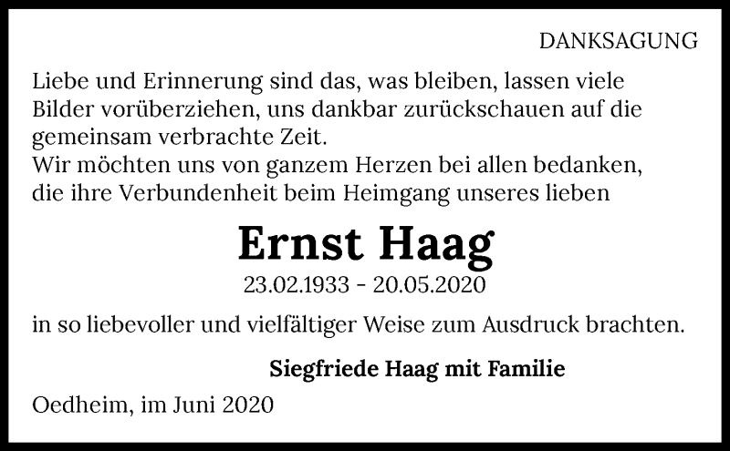  Traueranzeige für Ernst Haag vom 15.06.2020 aus 