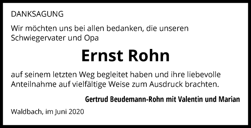  Traueranzeige für Ernst Rohn vom 23.06.2020 aus 