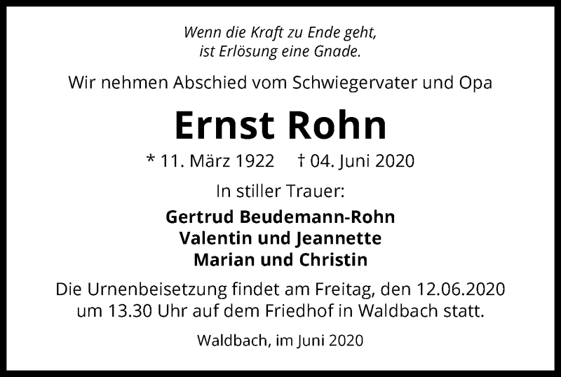  Traueranzeige für Ernst Rohn vom 10.06.2020 aus 